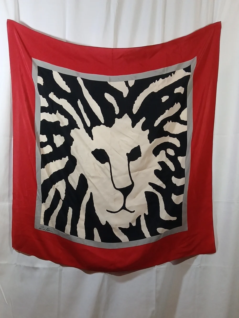 Vintage Anne Klein Womens Silk Scarf Lion Head Logo Graphic Red Black